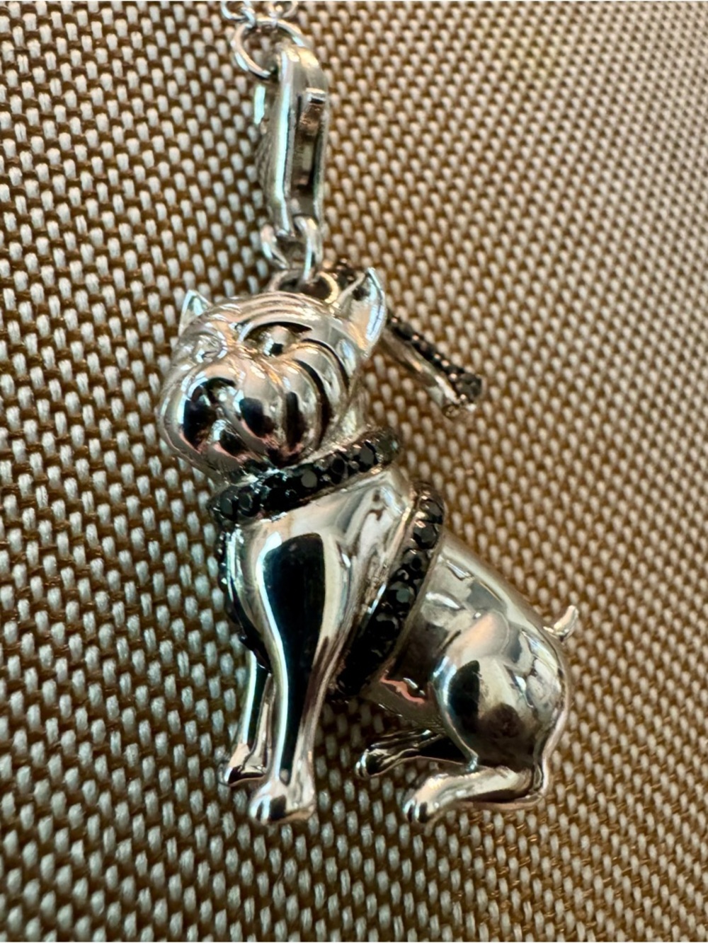 Silver 3-D Bull-Dog Silver Pendant (DE) Charm with Black Spinel Accents (1”+)